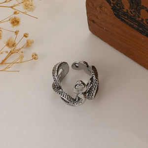 Macro shot of vintage silver snake ring showcasing realistic scale textures and gothic style