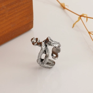 Retro punk snake ring with intricate scales and adjustable open band in oxidized silver
