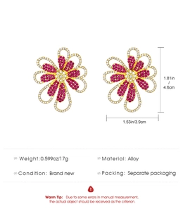 Tabla de tallas detallada que muestra 4,6cm de altura para pendientes de flores