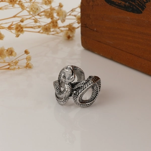 Close-up detail of vintage silver snake ring with scales on warm background