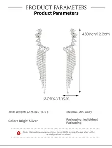 Detail view of silver drop fringe earrings with zircon crystal and 12.2cm tassel length
