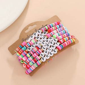Set of 7 colorful clay bead bracelets with letter charms like HOPE, MOM, and BEACH