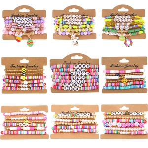 Bohemian Polymer Clay Heishi Beaded Bracelet Set For Women Letter Smiley Face Elastic Bracelet Easter Spring Jewelry Gift