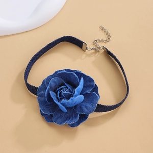 Blue denim rose choker necklace with multilayered petals and adjustable silver buckle