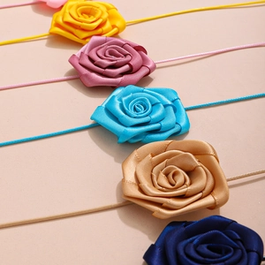 Handmade silk ribbon rose choker necklace set in multiple vibrant colors with long strings