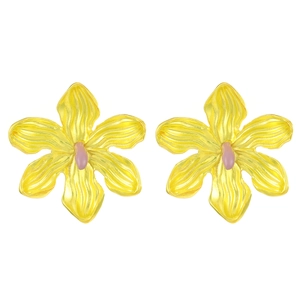 Vibrant yellow alloy flower stud earrings with purple center petals and textured finish