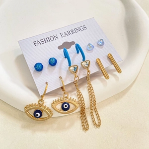 Lot de 6 paires de boucles d'oreilles en acétate avec paillettes bleues et œil porte-bonheur