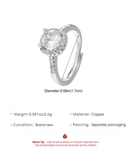 Detailed specifications of silver-tone copper ring with sparkling white zircon stones
