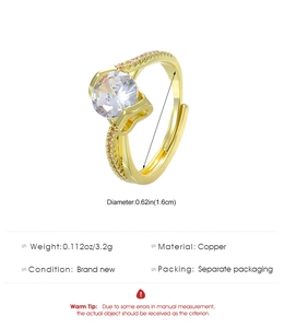 Detailed dimensions of copper ring with round cubic zirconia and adjustable band size