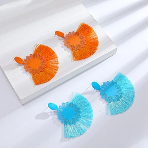 Pendientes bohemios de flores y borlas en forma de abanico, colores naranja y azul
