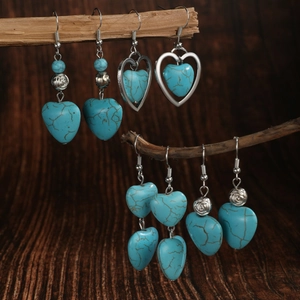 Vintage Bohemian Turquoise Earrings Ethnic Alloy Heart Flower Dangle Drop Earrings For Women Fashion Jewelry Turquoise Stone Ear Jewelry
