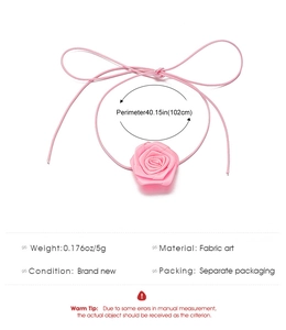 Detailed size specifications for pink fabric 3D rose choker showing 102cm length
