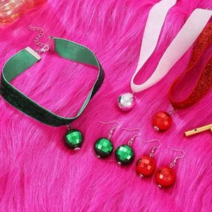 Macro view of Christmas disco ball jewelry set with velvet choker and ribbon accents