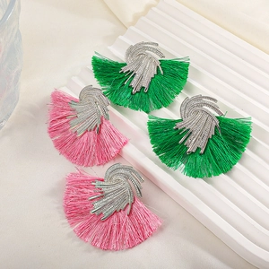 Vintage fan-shaped tassel earrings in green and pink with sparkling rhinestone accents