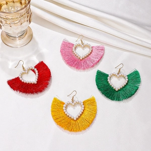 Bohemian fan tassel heart earrings with pearls in pink, red, green, and yellow