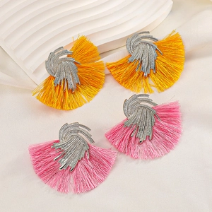 Bohemian fan-shaped tassel earrings with pavé crystals in yellow and pink variants
