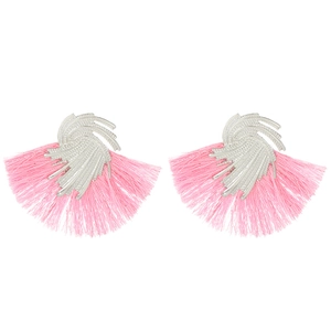 Vintage silver fan-shaped earrings with soft pink thread tassels for women's fashion