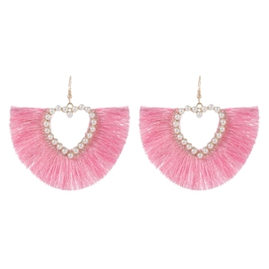 Pink heart tassel earrings with white pearls and gold hooks for a bohemian style look