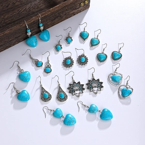 Bohemian retro silver drop earring set with turquoise and gemstone detailing