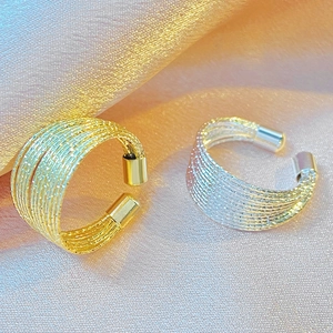 Minimalist multi-layer gold and silver open adjustable rings with woven texture design
