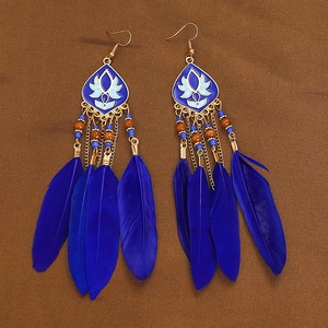 Bohemian blue feather earrings with golden beads and lotus enamel detail on brown texture