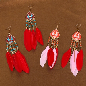 Detail of bohemian drop earrings featuring colorful feathers and turquoise bead tassels