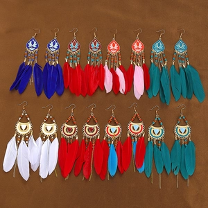 Bohemian long feather tassel earrings with ethnic beads and alloy lotus charms