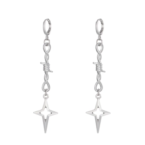 Gothic punk silver thorn star drop earrings with barbed wire chain and lever-back clasp