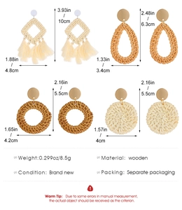 Detailed dimension guide for handmade geometric woven wooden earrings set with tassels