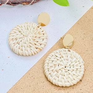 Bohemian woven rattan drop earrings with gold metal studs for beach vacation style