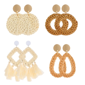 Bohemian Handwoven Wooden Geometric Drop Earrings For Women Vintage Ethnic Style Handmade Rattan Weave Beach Jewelry Gift