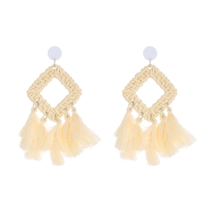 Bohemian geometric woven drop earrings with raffia fringe and white round studs