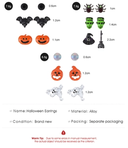 Detailed view of Halloween alloy stud earring set with bats, pumpkins and ghosts
