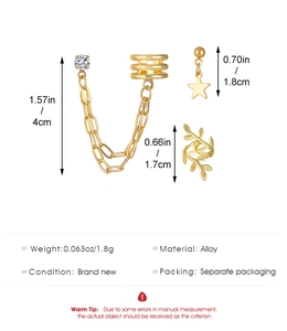 Detailansicht Gold-Ohrring-Set mit Sternstecker, Blattmanschette und langer Kette