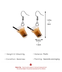 Detail showing dimensions and material of creative bubble tea cup drop earrings