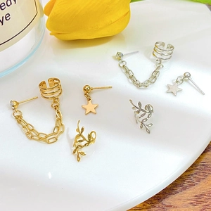 Ohrstecker-Set mit Sternen, Blättern und Ketten-Quasten in Gold- und Silberoptik