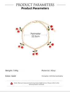 Detailed size and weight specs for the gold cherry bracelet with five red pendants