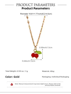 Detailed size specifications for the gold cherry pendant necklace with red cherry charms