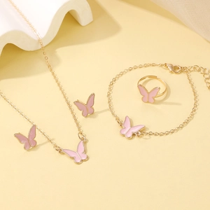 Elegante conjunto de joyas de mariposa de 4 piezas con esmalte rosa y baño de oro
