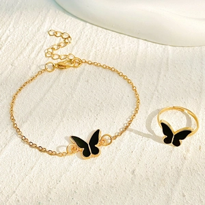Conjunto de joyas doradas con colgante de mariposa negra collar pendientes anillo