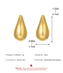 Detailed size parameters of large gold teardrop alloy earrings with polished finish