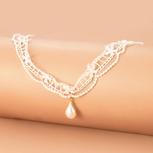 Elegant white lace choker necklace with teardrop pearl pendant for women