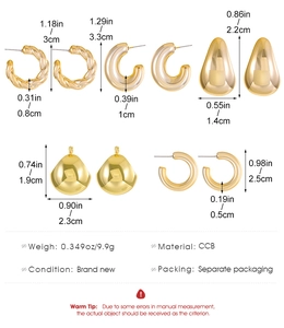 Detailed sizing chart and specifications for five pairs of golden punk teardrop earrings