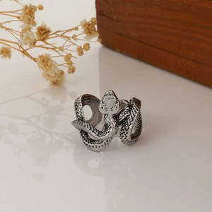 Detailed macro view of silver snake-shaped winding ring with scale textures and clear carvings