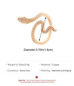 Detail view of rose gold snake ring showing copper material and 1.8cm diameter specifications