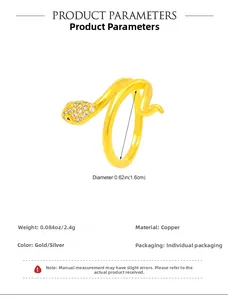 Detailed view of gold snake ring with zircon inlay showing 1.6cm diameter and 2.4g weight