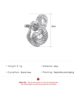 Detailed specs of alloy snake ring showing 2cm height and 8.7g weight on white background