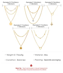 Size guide for multi-layered gold necklace set with star, pearl, and disc pendants