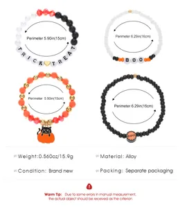 Guía de tallas detallando las dimensiones de pulseras de Halloween y materiales de aleación