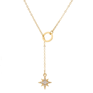 Gold-tone layered Y-necklace with circular ring and crystal-studded star pendant